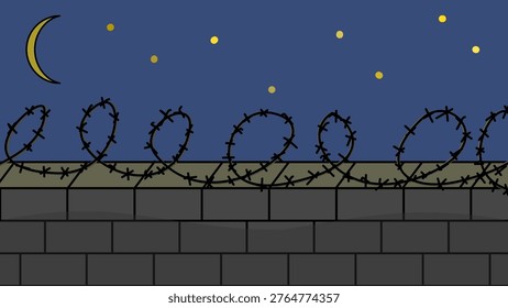 Vector illustration of a dark brick wall topped with barbed wire against a blue night sky with stars and a crescent moon. Concept of prison, boundary, restriction of freedom, or military zone protection.
