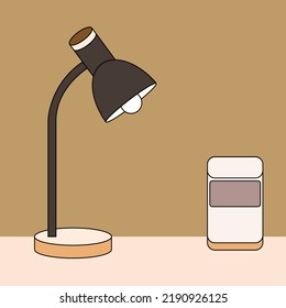 Vector illustration of dark brown night desk lamp, office desktop containing calendar beside lamp. On a brown background and light brown table. Suitable for design purposes.