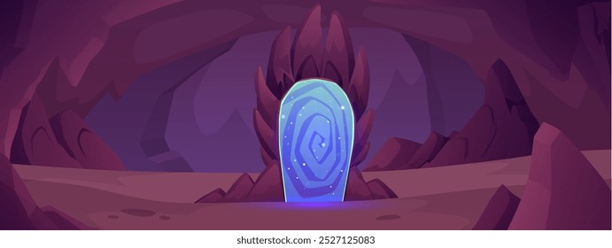 Ilustração vetorial de uma caverna escura com uma passagem de portal brilhante. Ilustração em desenhos animados de um túnel subterrâneo para uma interface de jogo. Fundo subterrâneo misterioso.