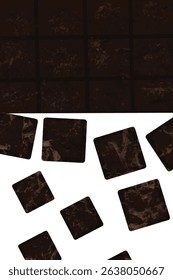 Vector illustration of dark chocolate bar with square pieces scattered on white background, ideal for dessert or confectionery designs.
