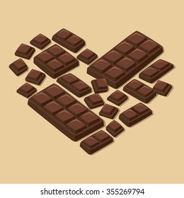 Vector illustration of dark chocolate bar pieces forming heart shape in light brown background.