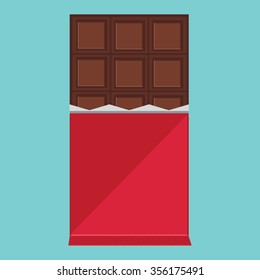 Vector illustration dark chocolate bar. Opened chocolate. Chocolate bar flat icon on blue background