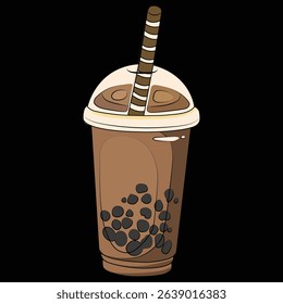 Vector illustration of a dark chocolate milk tea in a clear cup with ice, tapioca pearls, and a straw. Rich brown tones, modern style, perfect for dessert, beverage, and cafe-themed designs