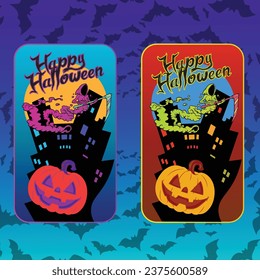 Vector illustration of an dark city buildings, reaper holding sickle and smiling pumpkin face on a full moon, editable label poster template