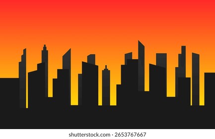 Vector illustration of a dark city skyline silhouette set against a vibrant orange-to-red gradient sky at sunset.