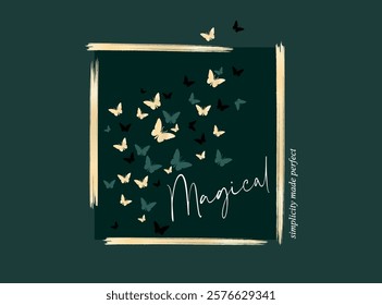 Vector illustration. Dark colored butterflies on dark background. Lovely print for t-shirt, Templates for celebration, ads, branding, banner, cover, label, poster, sales