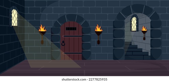 Ilustración vectorial, mazmorra oscura de un castillo medieval con paredes de piedra, largas escaleras, puertas y suelos de madera, con barras en las ventanas al estilo de los dibujos animados.