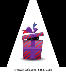 Vector illustration of a dark figure peeking and sneaking inside a gift present.
