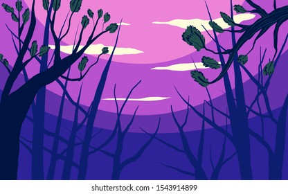 vector illustration of a dark forest with a scary tree branch. for website banner and card background