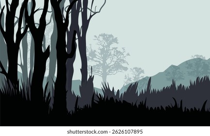A vector illustration of a dark forest silhouette with trees and distant mountains at dawn. Ideal for backgrounds, nature themes, and storytelling visuals.