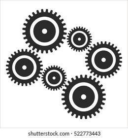 Vector illustration of dark gears isolated on light background. Icon with cogs. Mechanical Circuits. Wheels for the workspace. Details of the working mechanism, the assembly line. Black staff, things