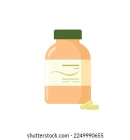 Vector illustration of a dark glass bottle with dietary supplement with label. Healthy balanced diet vitamins minerals nutrition gut health concept