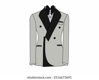 Vector illustration of dark gray men's tuxedo and white t-shirt format fashion clothes. Vector illustration theme of dress fashion background for formal occasion.