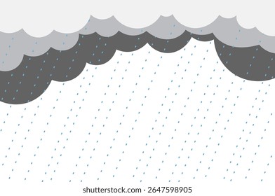 Vector illustration of dark gray rain clouds with heavy rainfall on a black background. The stylized cartoon-style image features layered storm clouds and slanted blue raindrops, creating a dramatic a