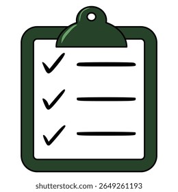 A vector illustration of a dark green clipboard with a checklist, featuring bold black lines and checkmarks, offering a simple yet effective design for task management or organizational concepts.