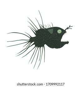 Vector illustration in dark green colors with deep sea angler fish