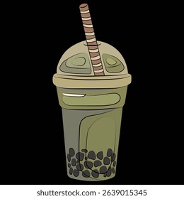 Vector illustration of a dark green milk tea in a clear cup with ice cubes, tapioca pearls, and a straw, set against a light background. Minimalist, modern, and perfect for beverage themes
