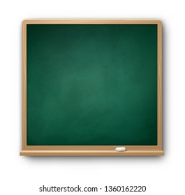 Vector illustration of dark green square chalkboard with wooden frame with piece of chalk and shadow isolated on white background.