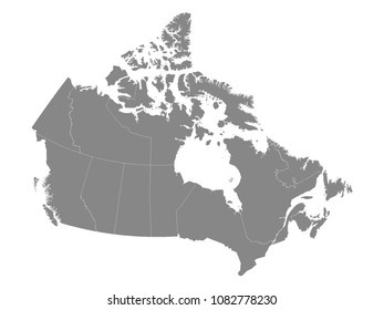 Vector illustration of a Dark Grey Map of Canada with Regions