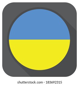 vector illustration of dark grey round edge button with ukraine round flag - isolated icon with long shadow