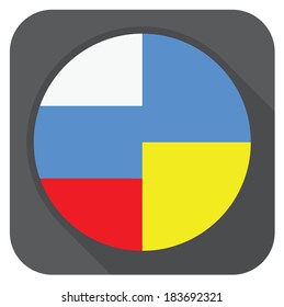 vector illustration of dark grey round edge button with ukraine and russia flags - isolated icon with long shadow