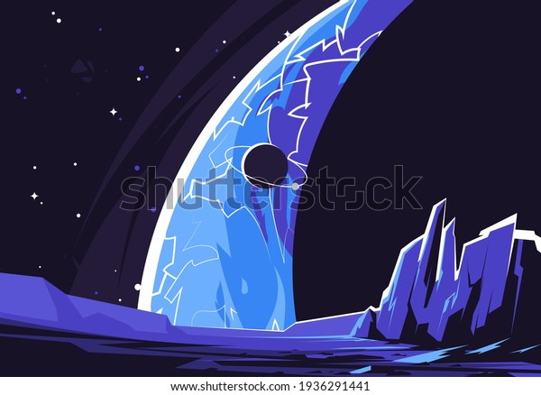 Vector illustration of a dark landscape of a\
futuristic planet, against the background of a large planet with a\
satellite in space