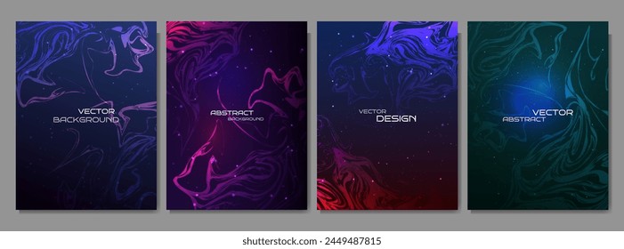 Vector illustration. Dark liquid pattern. Marble effect background. Design elements for poster, book or magazine cover, flyer, layout. Dynamic, color glowing splashes. Dust nebula conception