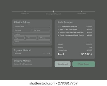 Vector illustration of dark mode ecommerce checkout interface for tablet or laptop screen. Online shopping order placement concept with payment details, shipping information and purchase summary.