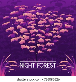 Vector illustration of dark mystic violet forest with grass and fireflies