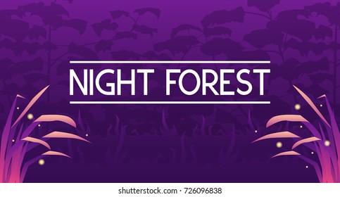 Vector illustration of dark mystic violet forest banner with grass and fireflies