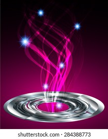 Vector illustration of dark pink abstract background with blurred magic neon light curved lines. wave. Technology background for computer graphic website internet. infographics. ray spiral. silver. 