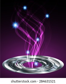 Vector illustration of dark purple abstract background with blurred magic neon light curved lines. wave. Technology background for computer graphic website internet. infographics. ray spiral. silver. 