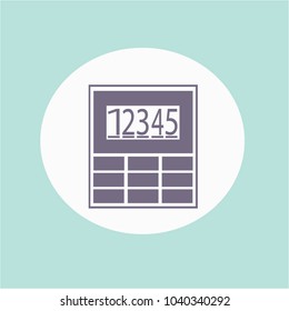Vector illustration. Dark purple calculator with a dial on a green and light blue background. Office and school.