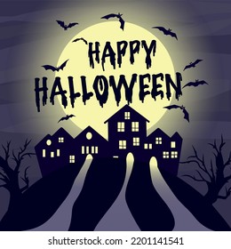 Vector illustration in dark purple colors halloween night huge yellow moon and bats three roads light up and lead ghosts home