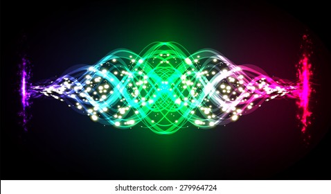 Vector illustration of dark purple green pink abstract background with blurred magic neon light curved lines. wave. Technology background for computer graphic website internet.