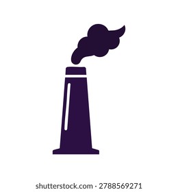 Vector illustration of a dark purple industrial smokestack with smoke emission on a white background, symbolizing pollution and industrial activity.