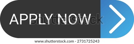 Vector illustration of a dark rectangular Apply Now button with bold white text and a blue arrow pointing to the right. This graphic is used as a call to action for applications, sign ups, or submissions. Suitable for websites, digital platforms, job portals, and promotional materials