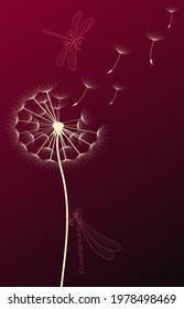 Vector illustration. Dark red background with dandelion flying dragonflies.