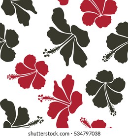 Vector illustration in dark and red colors on a white background. Seamless tropical flower, hibiscus pattern.