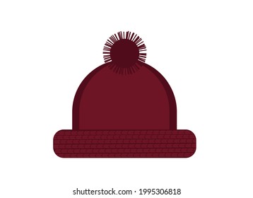 Vector illustration of dark red warm knitted hat with pompom