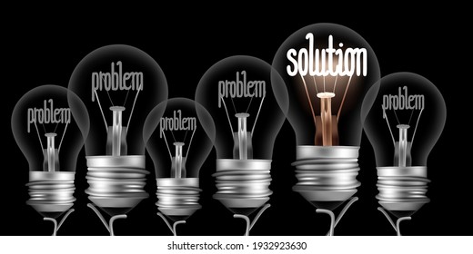 Vector illustration of dark and shining light bulbs with fibers in a shape of Problem and Solution concept isolated on black background