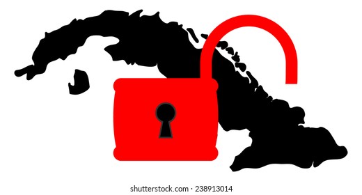 Vector illustration. Dark silhouette in Cuba territory under open red padlock. The weakening of the US sanctions against Cuba. Isolated on white background.