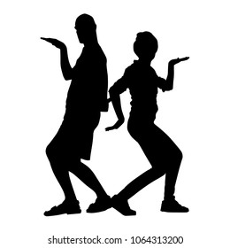 Vector illustration with dark silhouettes of two people isolated on white background in full growth sideways in a characteristic pose imitating the dance of King Tat