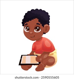 Vector illustration of dark skinned child of Beta generation with tablet, laptop