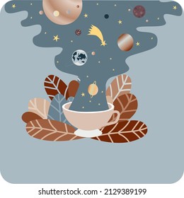 Vector illustration - dark space with planets, stars and comets pouring out of magic coffee cup in blue leaves on a blue background. For advertisements, decorations, stickers and wallpapers