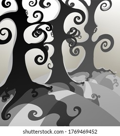 vector illustration of a dark spooky path in the forest among black silhouettes of tall trees with curvy branches