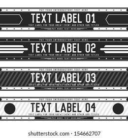 Vector illustration of dark text label banner backgrounds. Free font Vincent used.