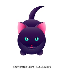Vector illustration of dark violet meowing cat with mint eyes. Isolated on the white background. Top view.