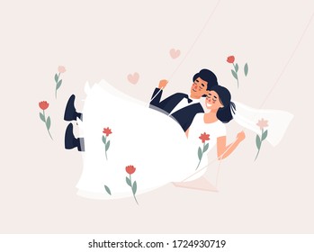 Vector illustration of dark-haired bride and groom swinging on a swing with flowers