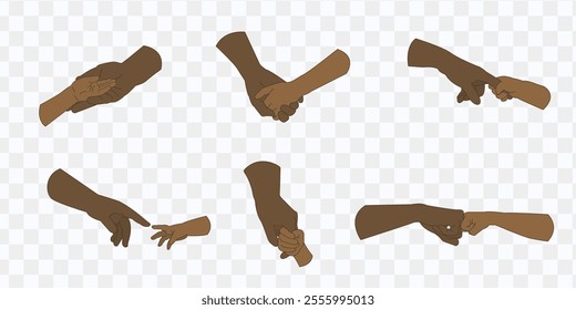 A vector illustration of dark-skinned adult and child hands interacting in various ways, symbolizing care, connection, and support. The transparent background makes it ideal for diverse design project